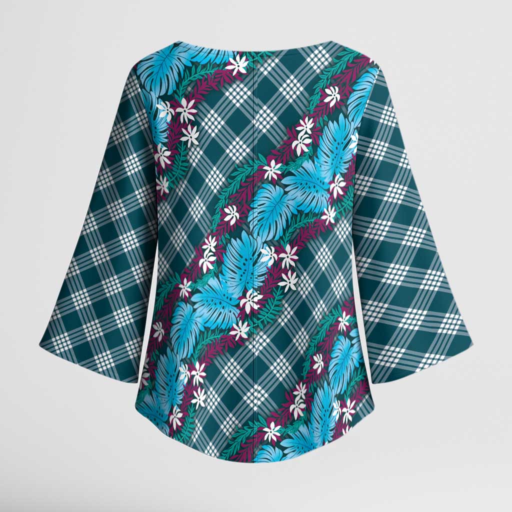 Polynesian Monstera Tiare Floral Kimono Sleeve Blouse Dark Teal Tropical Plaid - Polynesian Pride