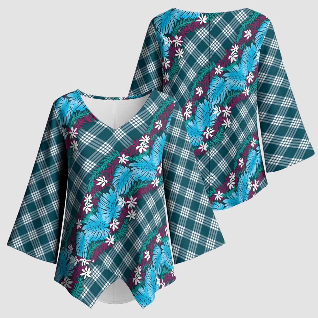 Polynesian Monstera Tiare Floral Kimono Sleeve Blouse Dark Teal Tropical Plaid - Polynesian Pride