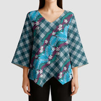 Polynesian Monstera Tiare Floral Kimono Sleeve Blouse Dark Teal Tropical Plaid - Polynesian Pride