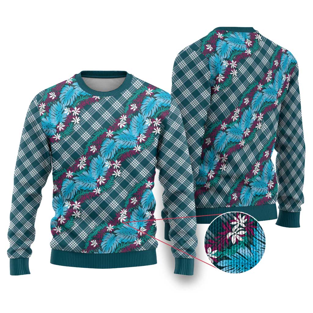 Polynesian Monstera Tiare Floral Ugly Christmas Sweater Dark Teal Tropical Plaid - Polynesian Pride