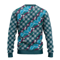 Polynesian Monstera Tiare Floral Ugly Christmas Sweater Dark Teal Tropical Plaid - Polynesian Pride