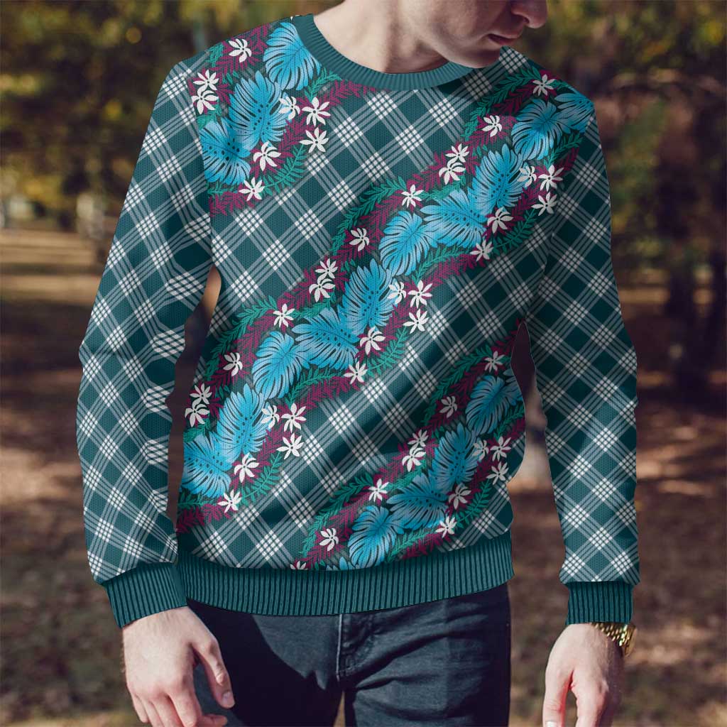 Polynesian Monstera Tiare Floral Ugly Christmas Sweater Dark Teal Tropical Plaid - Polynesian Pride