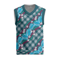 Polynesian Monstera Tiare Floral Christmas Knitted V-Neck Vest Dark Teal Tropical Plaid - Polynesian Pride