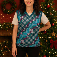 Polynesian Monstera Tiare Floral Christmas Knitted V-Neck Vest Dark Teal Tropical Plaid - Polynesian Pride