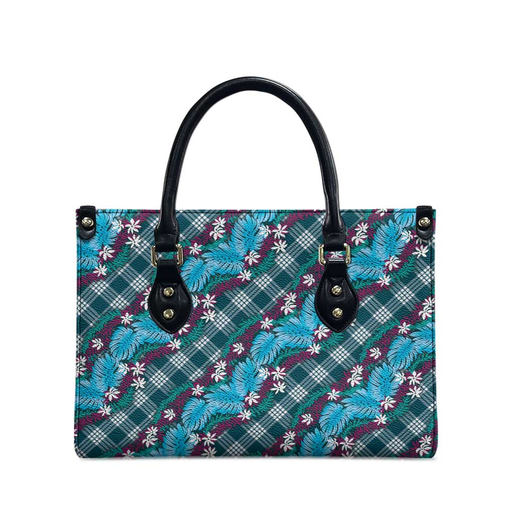 Polynesian Monstera Tiare Floral Leather Bag Dark Teal Tropical Plaid - Polynesian Pride