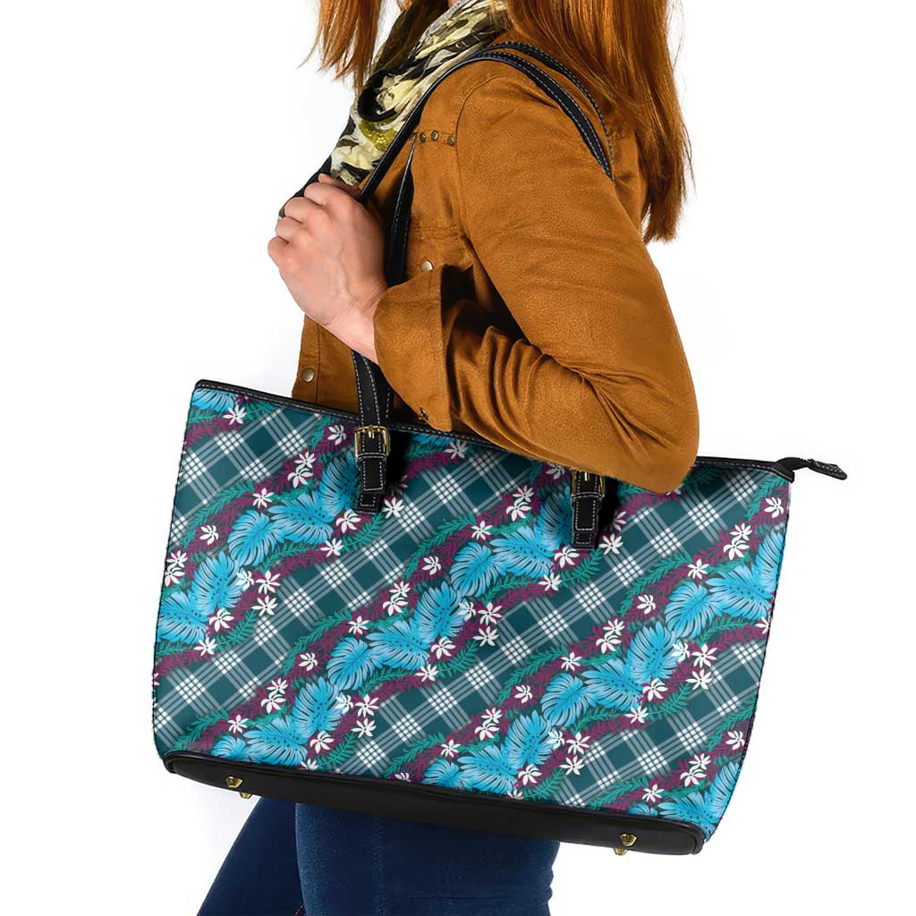 Polynesian Monstera Tiare Floral Leather Tote Bag Dark Teal Tropical Plaid LT01 Teal - Polynesian Pride