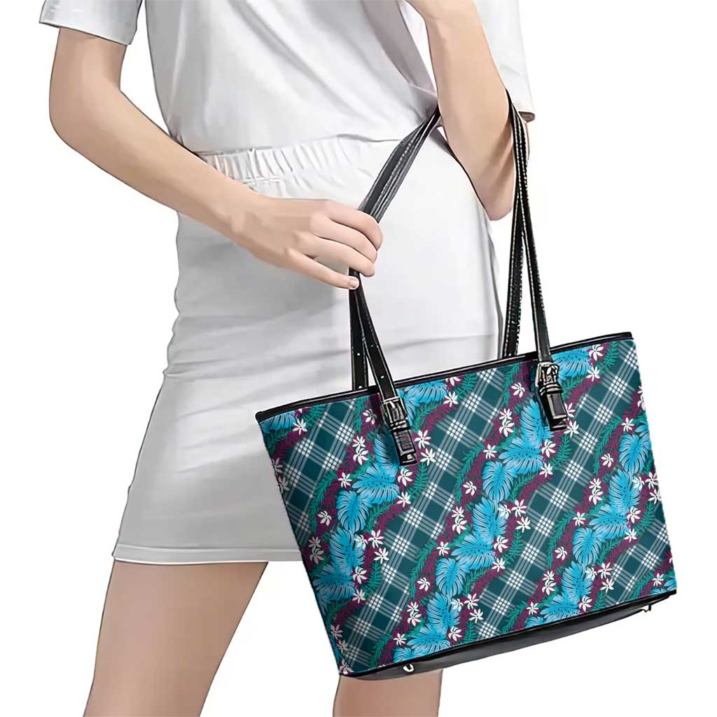 Polynesian Monstera Tiare Floral Leather Tote Bag Dark Teal Tropical Plaid - Polynesian Pride