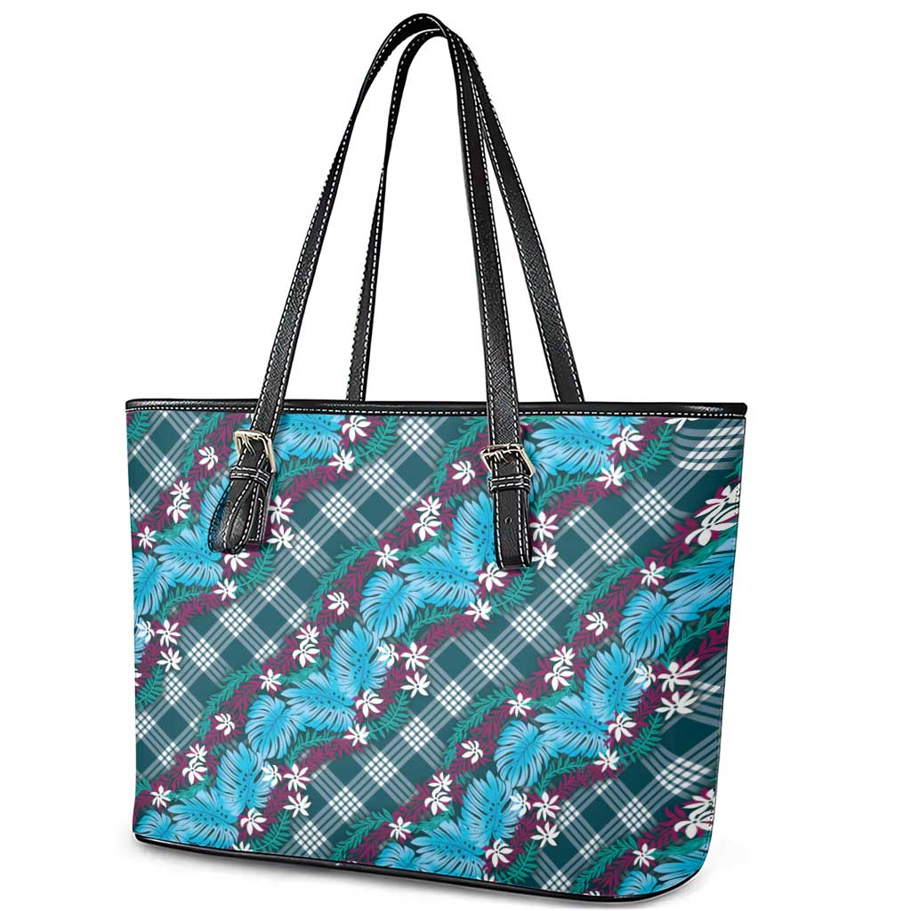 Polynesian Monstera Tiare Floral Leather Tote Bag Dark Teal Tropical Plaid - Polynesian Pride