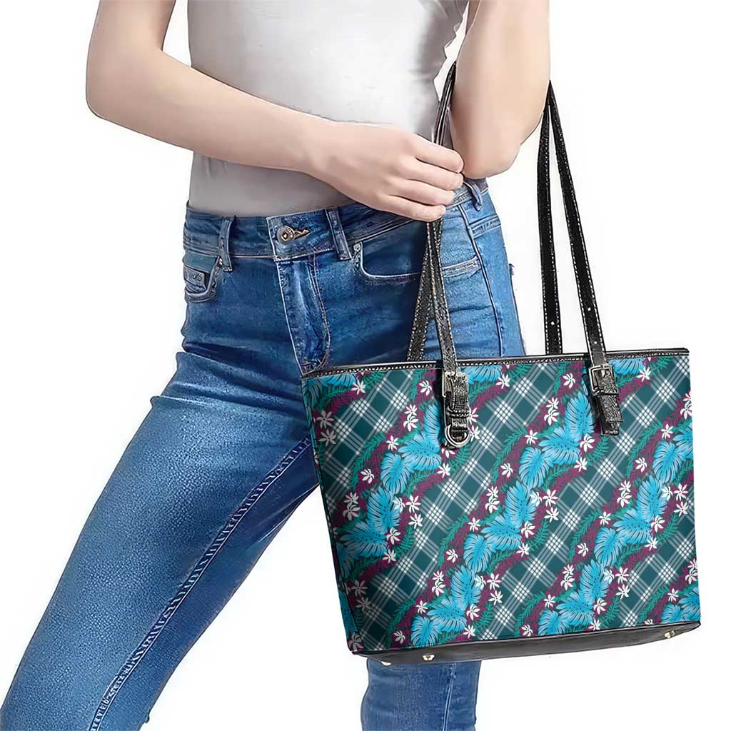 Polynesian Monstera Tiare Floral Leather Tote Bag Dark Teal Tropical Plaid - Polynesian Pride