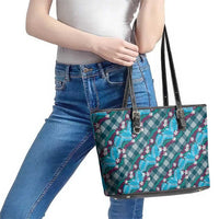 Polynesian Monstera Tiare Floral Leather Tote Bag Dark Teal Tropical Plaid - Polynesian Pride