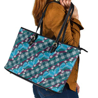 Polynesian Monstera Tiare Floral Leather Tote Bag Dark Teal Tropical Plaid - Polynesian Pride