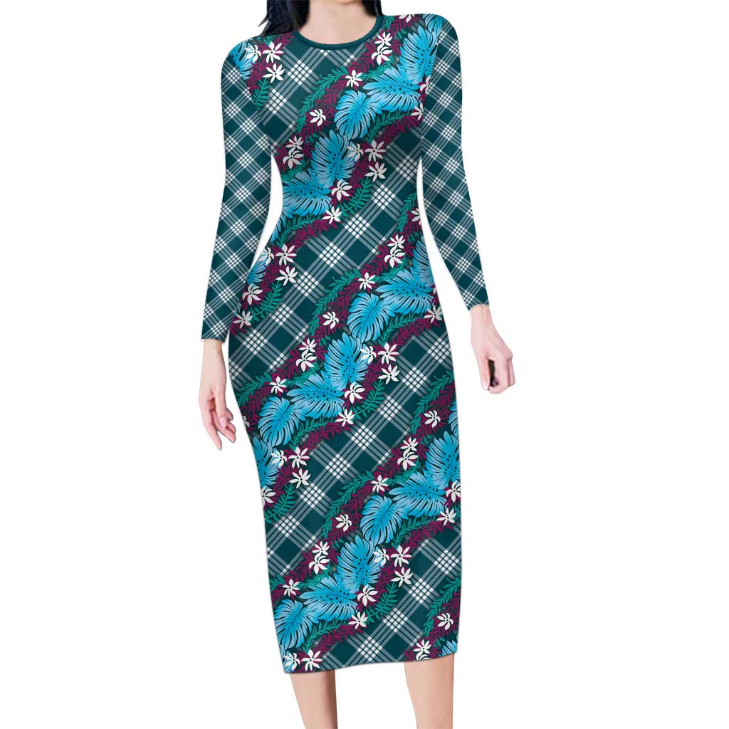 Polynesian Monstera Tiare Floral Long Sleeve Bodycon Dress Dark Teal Tropical Plaid LT01 Long Dress Teal - Polynesian Pride