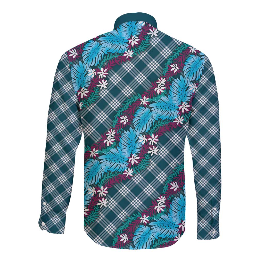 Polynesian Monstera Tiare Floral Long Sleeve Button Shirt Dark Teal Tropical Plaid - Polynesian Pride