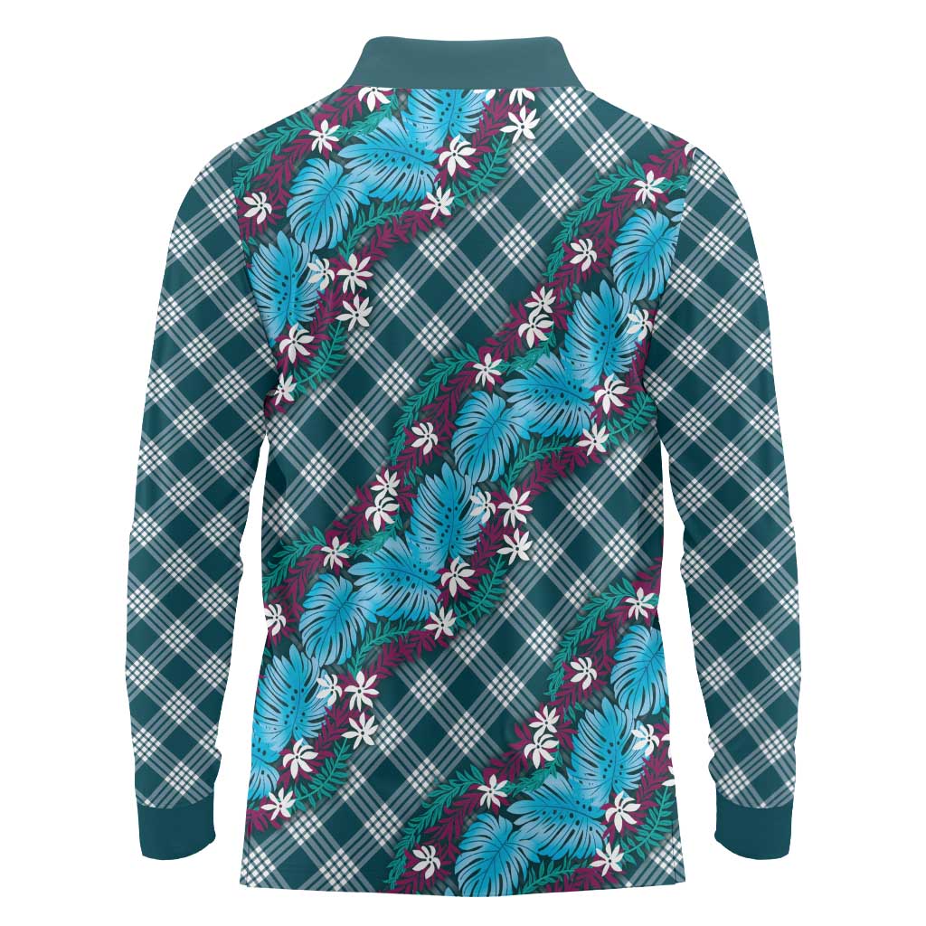 Polynesian Monstera Tiare Floral Long Sleeve Polo Shirt Dark Teal Tropical Plaid - Polynesian Pride