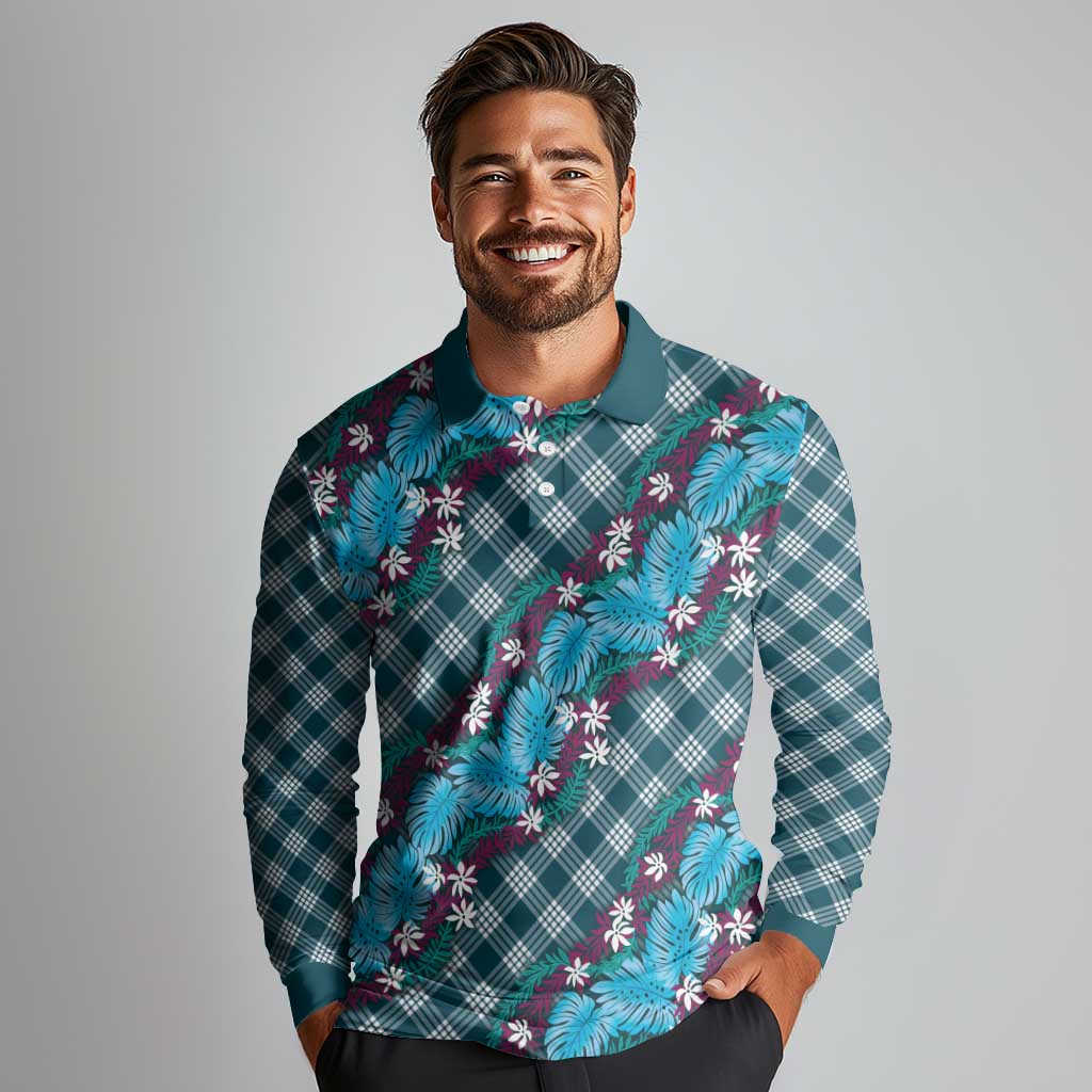 Polynesian Monstera Tiare Floral Long Sleeve Polo Shirt Dark Teal Tropical Plaid - Polynesian Pride