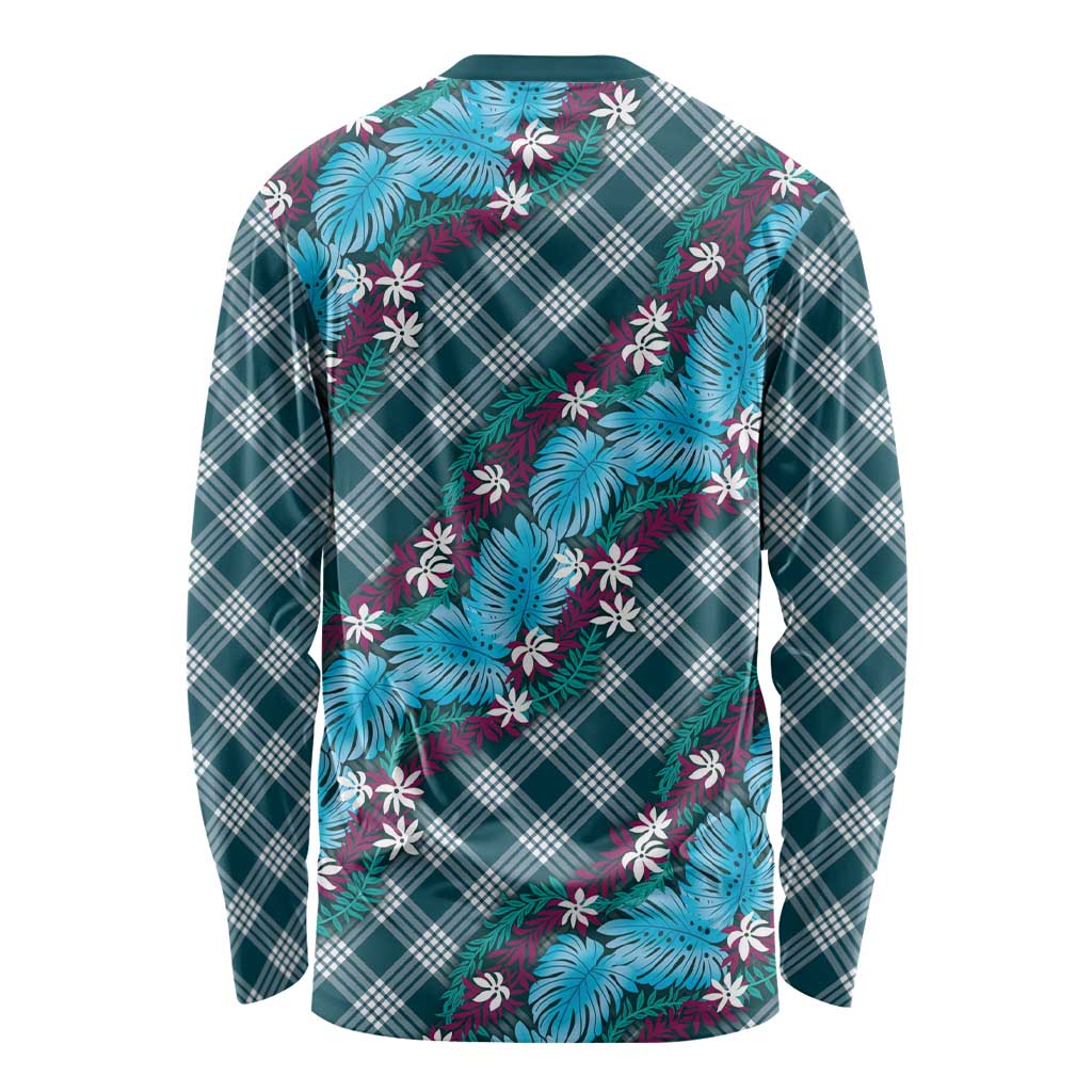 Polynesian Monstera Tiare Floral Long Sleeve Shirt Dark Teal Tropical Plaid - Polynesian Pride
