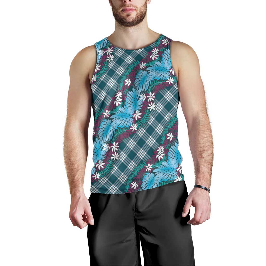 Polynesian Monstera Tiare Floral Men Tank Top Dark Teal Tropical Plaid - Polynesian Pride