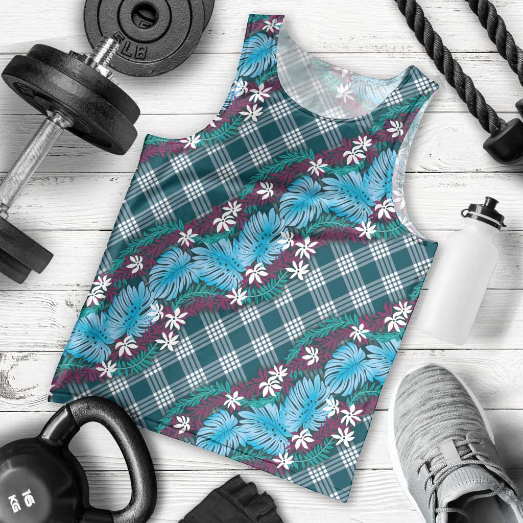 Polynesian Monstera Tiare Floral Men Tank Top Dark Teal Tropical Plaid - Polynesian Pride