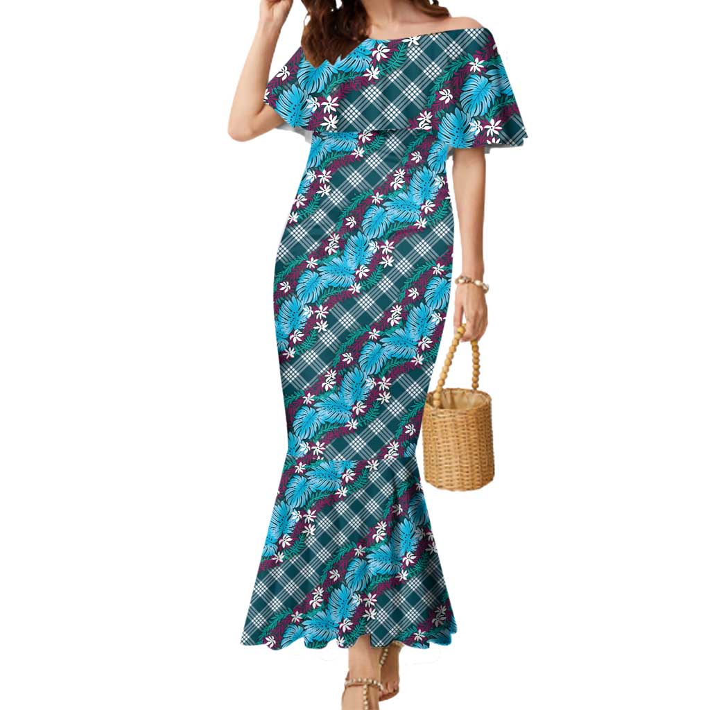Polynesian Monstera Tiare Floral Mermaid Dress Dark Teal Tropical Plaid - Polynesian Pride
