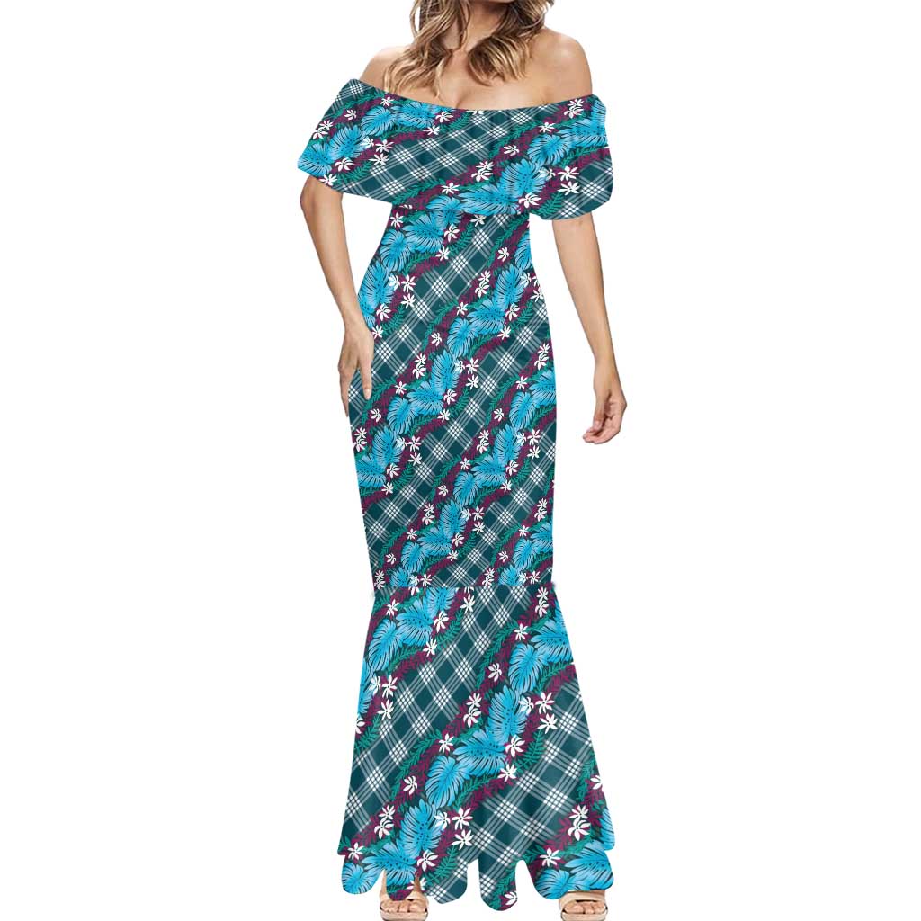 Polynesian Monstera Tiare Floral Mermaid Dress Dark Teal Tropical Plaid - Polynesian Pride