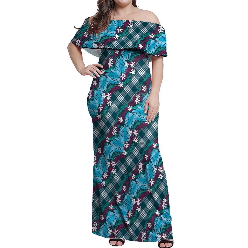 Polynesian Monstera Tiare Floral Off Shoulder Maxi Dress Dark Teal Tropical Plaid LT01 Women Teal - Polynesian Pride