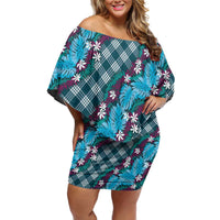 Polynesian Monstera Tiare Floral Off Shoulder Short Dress Dark Teal Tropical Plaid - Polynesian Pride