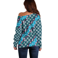 Polynesian Monstera Tiare Floral Off Shoulder Sweater Dark Teal Tropical Plaid - Polynesian Pride