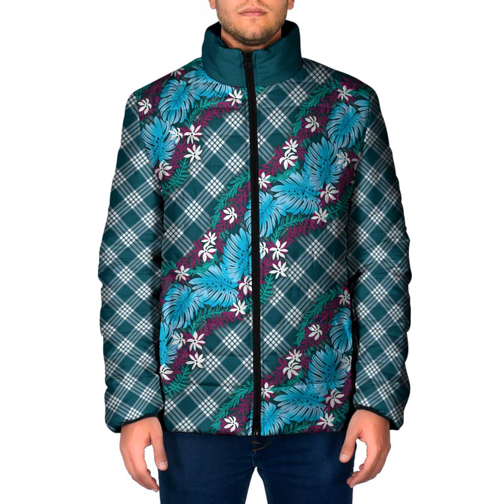 Polynesian Monstera Tiare Floral Padded Jacket Dark Teal Tropical Plaid LT01 Men Teal - Polynesian Pride
