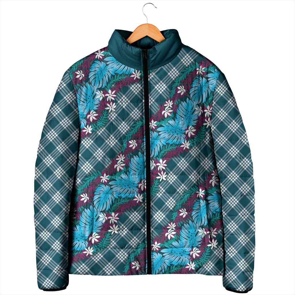Polynesian Monstera Tiare Floral Padded Jacket Dark Teal Tropical Plaid - Polynesian Pride