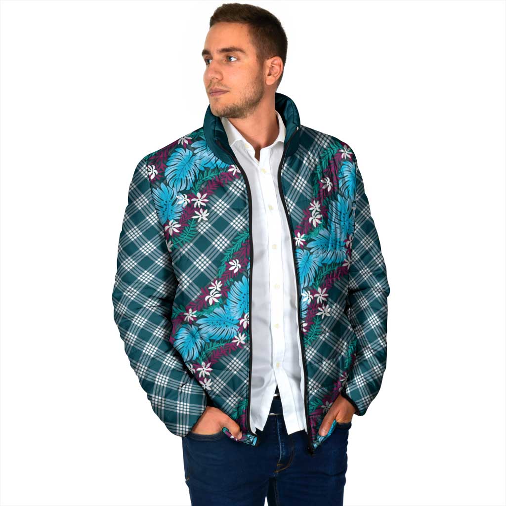 Polynesian Monstera Tiare Floral Padded Jacket Dark Teal Tropical Plaid - Polynesian Pride