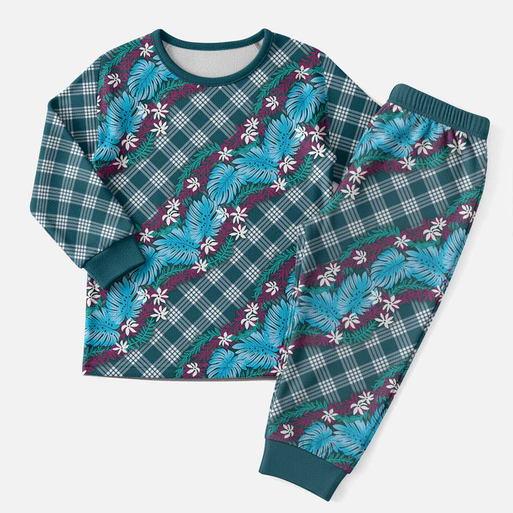Polynesian Monstera Tiare Floral Christmas Pajama Set Dark Teal Tropical Plaid - Polynesian Pride