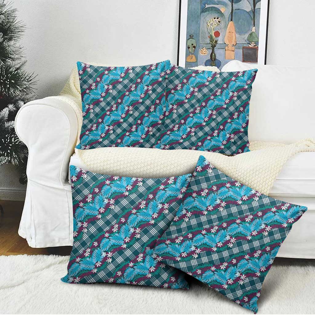 Polynesian Monstera Tiare Floral Pillow Cover Dark Teal Tropical Plaid - Polynesian Pride