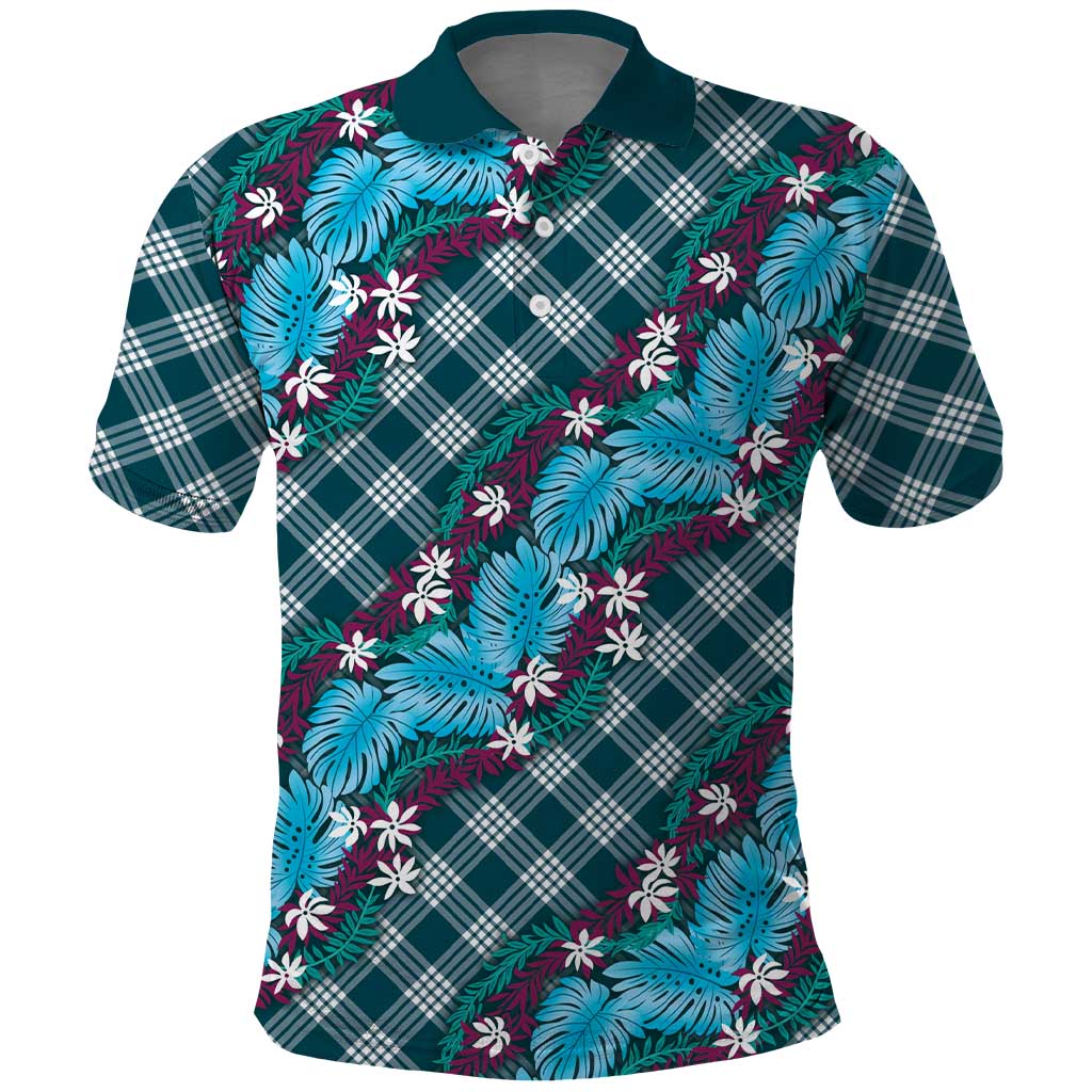 Polynesian Monstera Tiare Floral Polo Shirt Dark Teal Tropical Plaid - Polynesian Pride