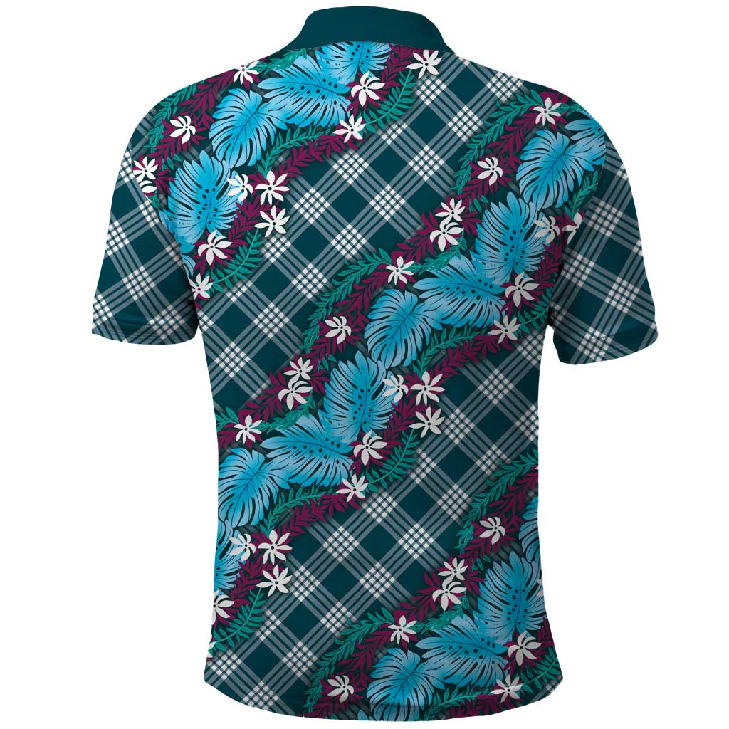 Polynesian Monstera Tiare Floral Polo Shirt Dark Teal Tropical Plaid - Polynesian Pride