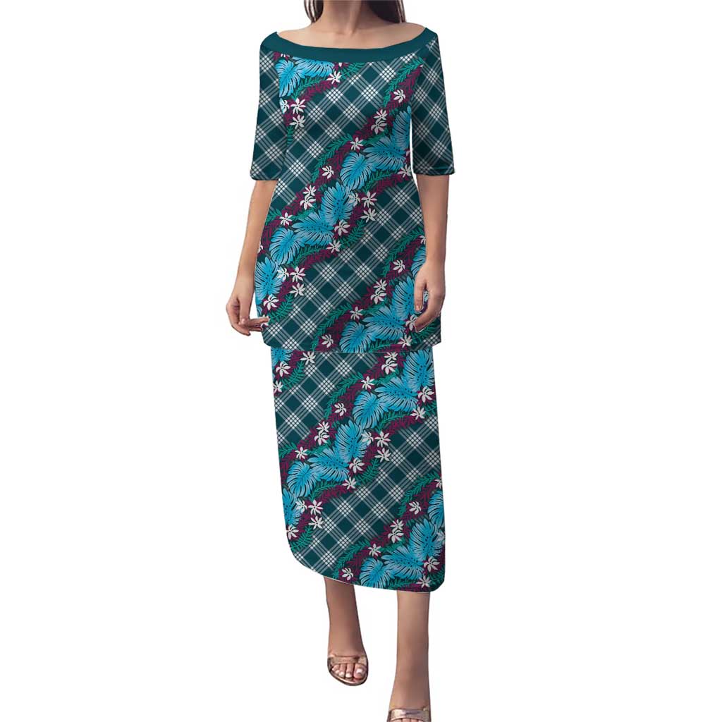 Polynesian Monstera Tiare Floral Puletasi Dark Teal Tropical Plaid LT01 Long Dress Teal - Polynesian Pride