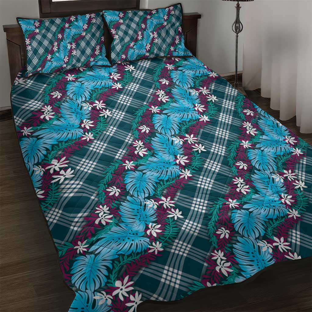 Polynesian Monstera Tiare Floral Quilt Bed Set Dark Teal Tropical Plaid LT01 Teal - Polynesian Pride