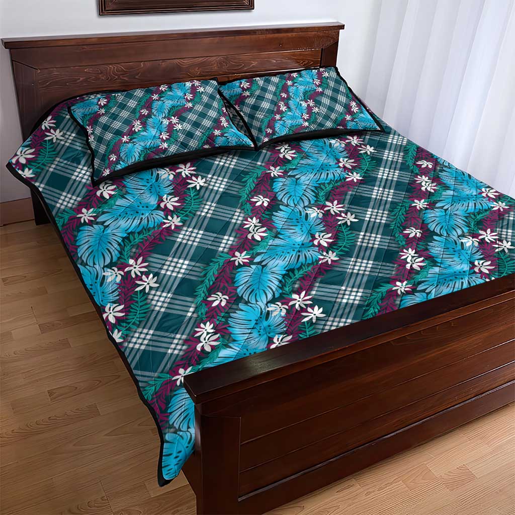 Polynesian Monstera Tiare Floral Quilt Bed Set Dark Teal Tropical Plaid - Polynesian Pride