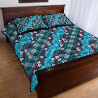 Polynesian Monstera Tiare Floral Quilt Bed Set Dark Teal Tropical Plaid - Polynesian Pride