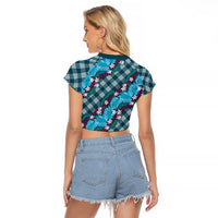 Polynesian Monstera Tiare Floral Raglan Cropped T Shirt Dark Teal Tropical Plaid - Polynesian Pride