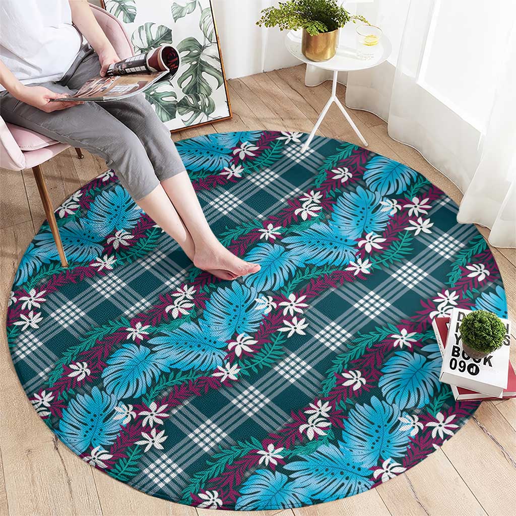 Polynesian Monstera Tiare Floral Round Carpet Dark Teal Tropical Plaid - Polynesian Pride