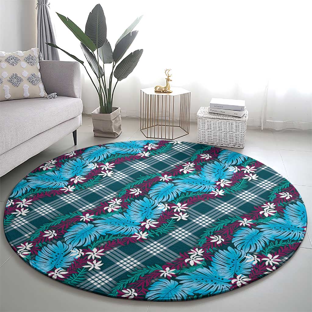 Polynesian Monstera Tiare Floral Round Carpet Dark Teal Tropical Plaid - Polynesian Pride