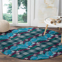 Polynesian Monstera Tiare Floral Round Carpet Dark Teal Tropical Plaid - Polynesian Pride