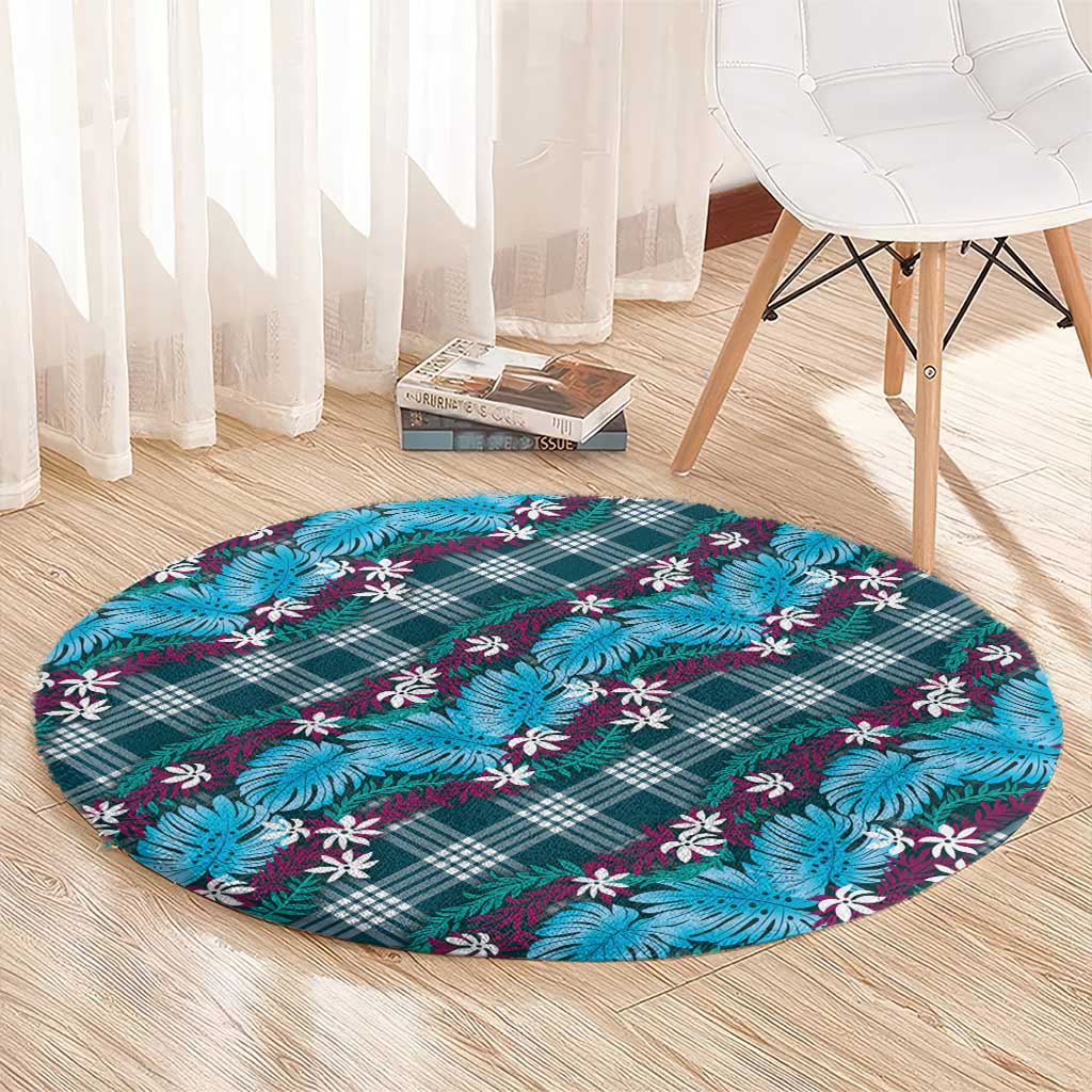 Polynesian Monstera Tiare Floral Round Carpet Dark Teal Tropical Plaid - Polynesian Pride