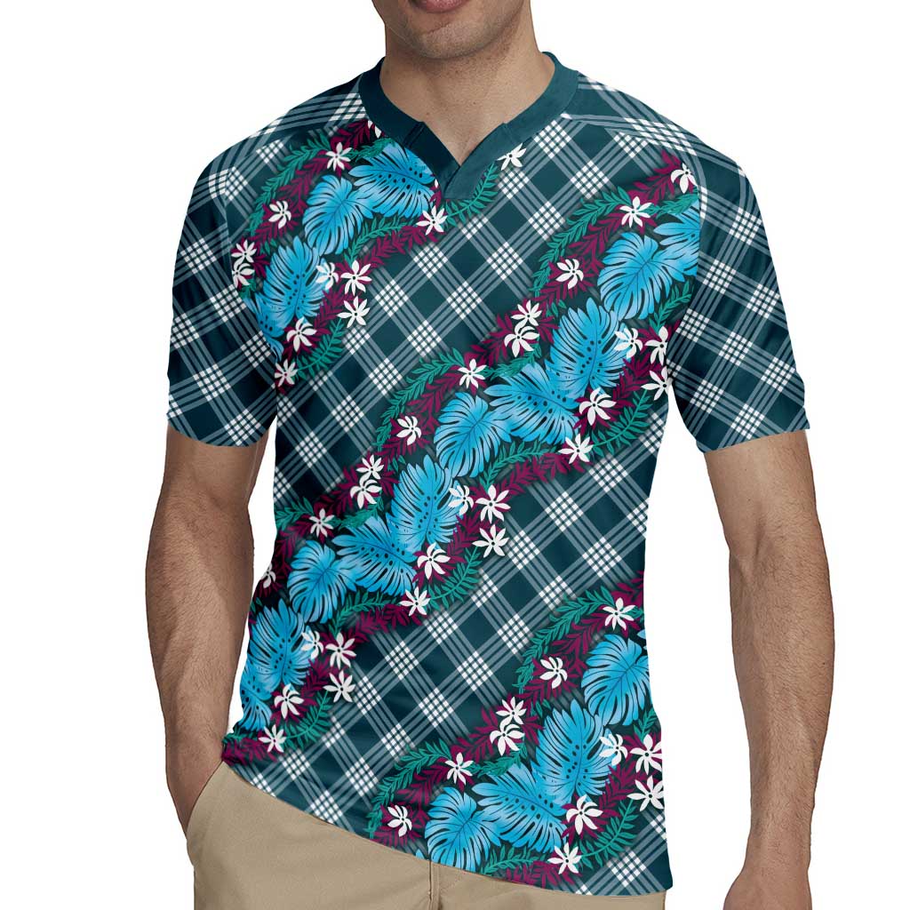 Polynesian Monstera Tiare Floral Rugby Jersey Dark Teal Tropical Plaid - Polynesian Pride