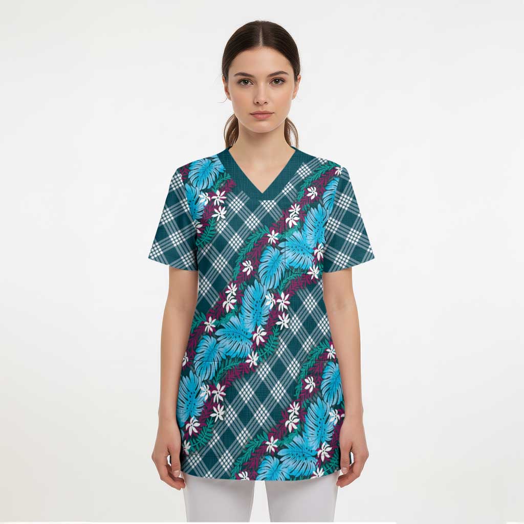 Polynesian Monstera Tiare Floral Scrub Top Dark Teal Tropical Plaid - Polynesian Pride