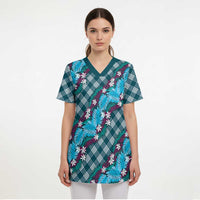 Polynesian Monstera Tiare Floral Scrub Top Dark Teal Tropical Plaid - Polynesian Pride