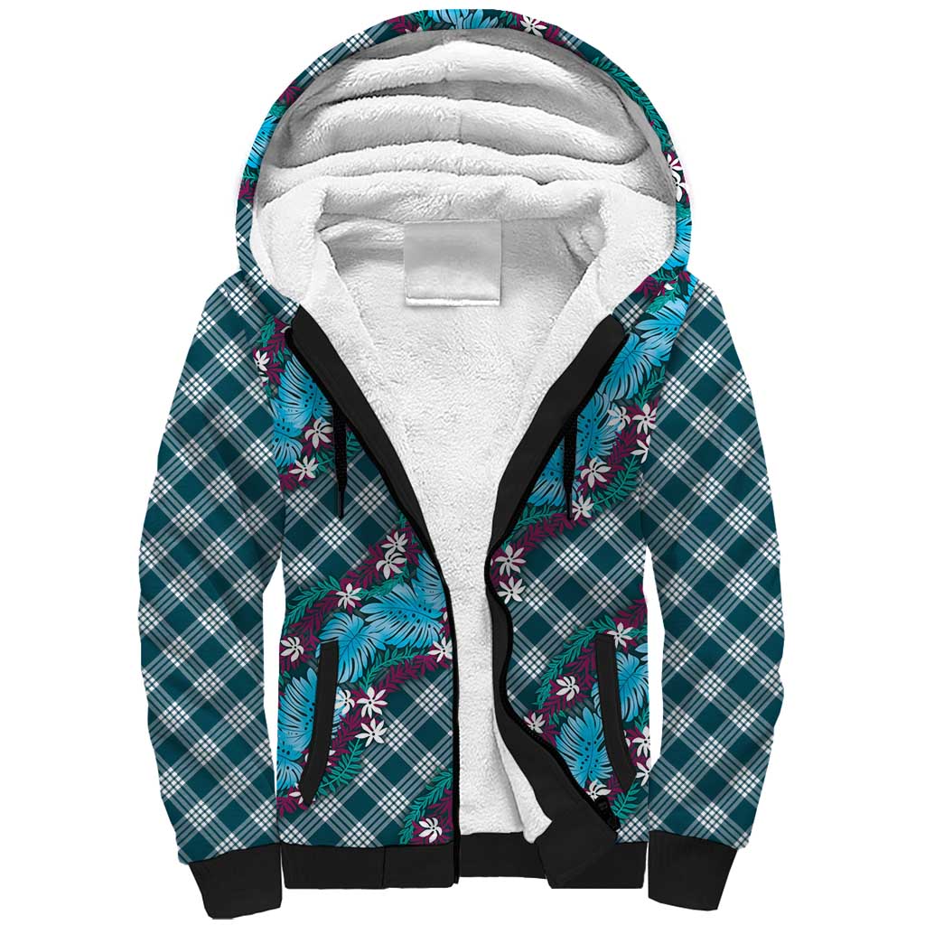 Polynesian Monstera Tiare Floral Sherpa Hoodie Dark Teal Tropical Plaid LT01 Unisex Teal - Polynesian Pride