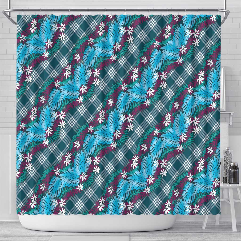 Polynesian Monstera Tiare Floral Shower Curtain Dark Teal Tropical Plaid - Polynesian Pride