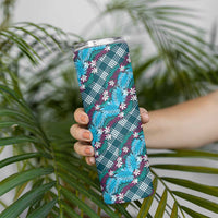 Polynesian Monstera Tiare Floral Skinny Tumbler Dark Teal Tropical Plaid - Polynesian Pride
