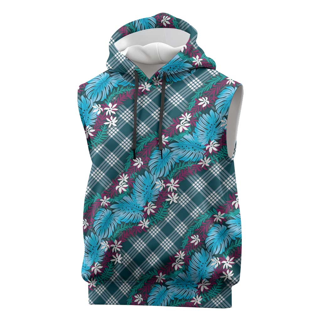 Polynesian Monstera Tiare Floral Sleeveless Hoodie Dark Teal Tropical Plaid LT01 Teal - Polynesian Pride